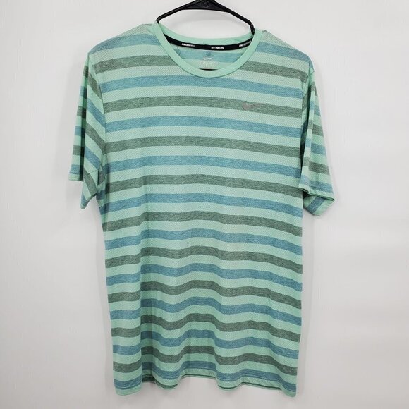 Nike Dri-Fit Running Shirt Zip Pockets Stripe Short Sleeve Mesh Large Womens - Picture 1 of 13